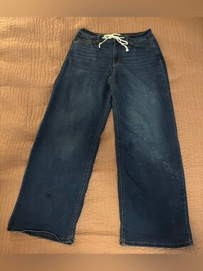 Women's Dark Blue Wide-Leg Drawstring Stretchy Jeans